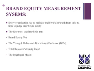 + 
BRAND EQUITY MEASUREMENT 
SYSEMS: 
 Every organization has to measure their brand strength from time to 
time to judge their brand equity 
India’s premier M-school 
 The four most used methods are: 
• Brand Equity Ten 
• The Young & Rubicam’s Brand Asset Evaluator (BAV) 
• Total Research’s Equity Trend 
• The Interbrand Model 
 