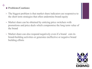 India’s premier M-school 
+ 
 Problems/Cautions: 
• The biggest problem is that market share indicators are responsive to 
the short term strategies that often undermine brand equity 
• Market share can be obtained by enticing price switchers with 
promotions and price deals which compromise the long term value of 
the brand 
• Market share can also respond negatively even if a brand cuts its 
brand-building activities or generates ineffective or negative brand 
building efforts 
 