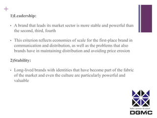 India’s premier M-school 
+ 
1)Leadership: 
• A brand that leads its market sector is more stable and powerful than 
the second, third, fourth 
• This criterion reflects economies of scale for the first-place brand in 
communication and distribution, as well as the problems that also 
brands have in maintaining distribution and avoiding price erosion 
2)Stability: 
• Long-lived brands with identities that have become part of the fabric 
of the market and even the culture are particularly powerful and 
valuable 
 