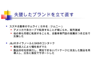 失墜したブランドを立て直す
 スズキ自動車のサムライ（日本名：ジムニー）
 アメリカで急カーブで転倒することが報じられ、販売激減
 他の車も同様に転倒することを、自動車専門誌の推薦状つき広告で
反論した
 J&JのタイラノールとSKBのコンタック
 毒物混入により犠牲者がでた
 製品回収を即実行し、開封できないパッケージに改良した製品を再
導入し、広告と販促でサポートした
 
