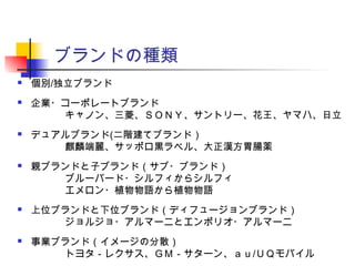 ブランドの種類
 個別/独立ブランド
 企業・コーポレートブランド
　　　キャノン、三菱、ＳＯＮＹ、サントリー、花王、ヤマハ、日立
 デュアルブランド(二階建てブランド）
　　　麒麟端麗、サッポロ黒ラベル、大正漢方胃腸薬
 親ブランドと子ブランド（サブ・ブランド）
　　　ブルーバード・シルフィからシルフィ
　　　エメロン・植物物語から植物物語
 上位ブランドと下位ブランド（ディフュージョンブランド）
　　　ジョルジョ・アルマーニとエンポリオ・アルマーニ
 事業ブランド（イメージの分散）
　　　トヨタ－レクサス、ＧＭ－サターン、ａｕ/ＵＱモバイル
 