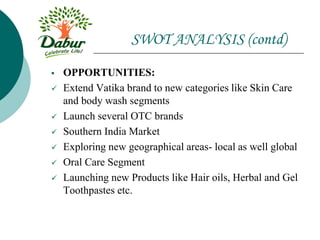 SWOT ANALYSIS (contd)
 OPPORTUNITIES:
 Extend Vatika brand to new categories like Skin Care
and body wash segments
 Launch several OTC brands
 Southern India Market
 Exploring new geographical areas- local as well global
 Oral Care Segment
 Launching new Products like Hair oils, Herbal and Gel
Toothpastes etc.
 