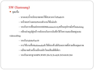 SW (Samsung)
 จุดแข็ง
          - บางและน้าหนักเบาพกพาได้สะดวกกว่าiPadมาก
          - หน้าจอสว่างตอบสนองทางานได้แม่นยา
          - รองรับการเชื่อมต่อออกHDMIconnectivityพร้อมอุปกรณ์เสริมdocking
          - กล้องถ่ายรูปคู่หน้า-หลังรองรับการบันทึกวิดีโอความละเอียดสูงและ
videocalling
          - รองรับAdobeFlas10
          - การใช้งานสื่อMultimediaทาได้ค่อนข้างดีกบจอภาพที่สวยเสียงคุณภาพ
                                                      ั
          - แม้ขนาดตัวเครื่องเล็กแต่ลาโพงเสียงดีทีเดียว
          - รองรับมาตรฐานMP4,WMV,DivX,Xvid,H.263และH.264
 