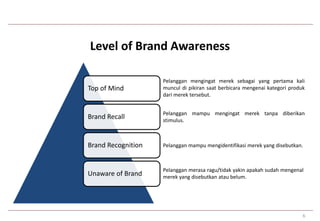 Level of Brand Awareness 
Pelanggan mengingat merek sebagai yang pertama kali 
muncul di pikiran saat berbicara mengenai kategori produk 
dari merek tersebut. 
Pelanggan mampu mengingat merek tanpa diberikan 
stimulus. 
Pelanggan mampu mengidentifikasi merek yang disebutkan. 
6 
Top of Mind 
Brand Recall 
Brand Recognition 
Unaware of Brand Pelanggan merasa ragu/tidak yakin apakah sudah mengenal 
merek yang disebutkan atau belum. 
 