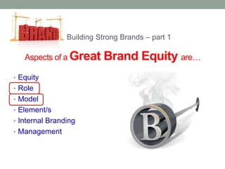 Building Strong Brands – part 1 
Aspects of a Great Brand Equity are… 
• Equity 
• Role 
• Model 
• Element/s 
• Internal Branding 
• Management 
 