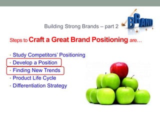 Building Strong Brands – part 2 
Steps to Craft a Great Brand Positioning are… 
• Study Competitors’ Positioning 
• Develop a Position 
• Finding New Trends 
• Product Life Cycle 
• Differentiation Strategy 
 