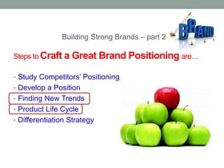 Building Strong Brands – part 2 
Steps to Craft a Great Brand Positioning are… 
• Study Competitors’ Positioning 
• Develop a Position 
• Finding New Trends 
• Product Life Cycle 
• Differentiation Strategy 
 