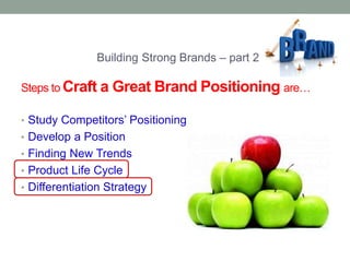 Building Strong Brands – part 2 
Steps to Craft a Great Brand Positioning are… 
• Study Competitors’ Positioning 
• Develop a Position 
• Finding New Trends 
• Product Life Cycle 
• Differentiation Strategy 
 