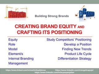 Building Strong Brands 
CREATING BRAND EQUITY AND 
CRAFTING ITS POSITIONING 
Equity 
Role 
Model 
Element/s 
Internal Branding 
Management 
Study Competitors’ Positioning 
Develop a Position 
Finding New Trends 
Product Life Cycle 
Differentiation Strategy 
https://www.linked.com/in/martinlloyddanao https://www.linkedin.com/in/angelicapujol 
https://www.linkedin.com/in/bryanpanjaitan 
