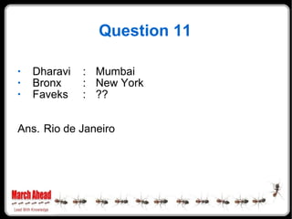 Question 11 Dharavi  : Mumbai Bronx : New York Faveks : ?? Ans. Rio de Janeiro 