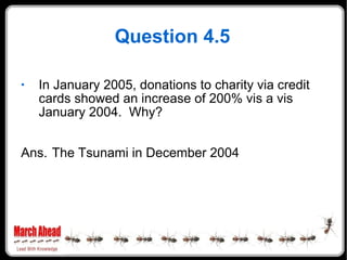 Question 4.5 In January 2005, donations to charity via credit cards showed an increase of 200% vis a vis January 2004.  Why? Ans. The Tsunami in December 2004 