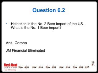 Question 6.2 Heineken is the No. 2 Beer import of the US.  What is the No. 1 Beer import? Ans. Corona JM Financial Eliminated 