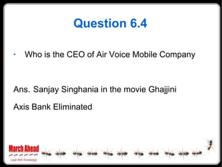 Question 6.4 Who is the CEO of Air Voice Mobile Company Ans. Sanjay Singhania in the movie Ghajjini Axis Bank Eliminated 