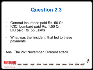 Question 2.3 <ul><li>General Insurance paid Rs. 50 Cr. </li></ul><ul><li>ICICI Lombard paid Rs. 1.50 Cr. </li></ul><ul><li...