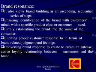 Brand Equity/Raj Mohan And Ranjith Brand resonance: It also views brand building as an ascending, sequential  series of steps Ensuring identification of the brand with customers’  minds with a specific product class or customer  need. Firmly establishing the brand into the mind of the  consumer. Eliciting proper customer response to in terms of  brand related judgment and feelings. Converting brand response to create to create an  intense, active loyalty relationship between  customers and the brand. 