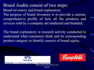 Brand Equity/Raj Mohan And Ranjith Brand Audits consist of two steps: Brand inventory and brand explanatory The purpose of brand inventory is to provide a current, comprehensive profile of how all the products and services sold by a company are marketed and branded. The brand explanatory is research activity conducted to understand what consumers think and its corresponding product category to identify sources of brand equity. 