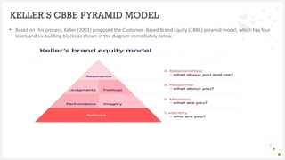 • Based on this process, Keller (2001) proposed the Customer- Based Brand Equity (CBBE) pyramid model, which has four
levels and six building blocks as shown in the diagram immediately below.
KELLER’S CBBE PYRAMID MODEL
8
 