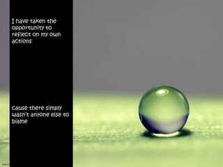 I have taken the
        opportunity to
        reflect on my own
        actions




        cause there simply
        wasn’t anyone else to
        blame




http://www.flickr.com/photos/jjjohn/2387534678/
 