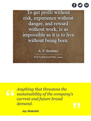 “
Anything that threatens the
sustainability of the company’s
current and future brand
demand.
Joy Abdullah
“
 