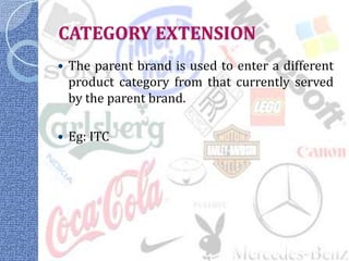 CATEGORY EXTENSION
   The parent brand is used to enter a different
    product category from that currently served
    by the parent brand.

   Eg: ITC
 