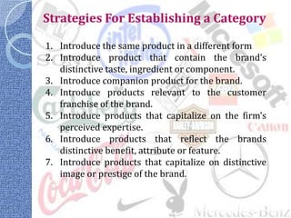 Strategies For Establishing a Category

1. Introduce the same product in a different form
2. Introduce product that contain the brand’s
   distinctive taste, ingredient or component.
3. Introduce companion product for the brand.
4. Introduce products relevant to the customer
   franchise of the brand.
5. Introduce products that capitalize on the firm’s
   perceived expertise.
6. Introduce products that reflect the brands
   distinctive benefit, attribute or feature.
7. Introduce products that capitalize on distinctive
   image or prestige of the brand.
 
