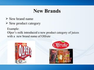 New Brands
 New brand name
 New product category
Example:
Olper’s milk introduced a new product category of juices
with a new brand name of Olfrute
 