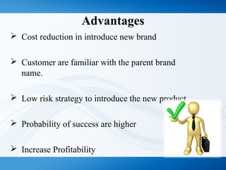 Advantages
 Cost reduction in introduce new brand
 Customer are familiar with the parent brand
name.
 Low risk strategy to introduce the new product
 Probability of success are higher
 Increase Profitability
 