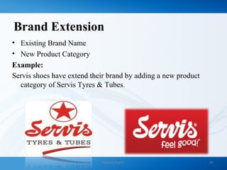 Brand Extension
• Existing Brand Name
• New Product Category
Example:
Servis shoes have extend their brand by adding a new product
category of Servis Tyres & Tubes.
Naveed Bashir 42
 