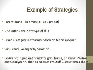 Example of Strategies
• Parent Brand: Salomon (ski-equipment)

• Line Extension: New type of skis

• Brand (Category) Extension: Salomon tennis racquet

• Sub-Brand: Avenger by Salomon

• Co-Brand: ingredient brand for grip, frame, or strings (Wilson
  and Goodyear rubber on soles of ProStaff Classic tennis shoes)
 