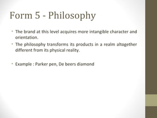 Form 5 - Philosophy
• The brand at this level acquires more intangible character and
  orientation.
• The philosophy transforms its products in a realm altogether
  different from its physical reality.

• Example : Parker pen, De beers diamond
 