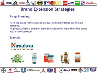 Brand Extension Strategies
Range Branding:
Here the brand moves beyond product complimentaries unlike Line
Branding.
All p...