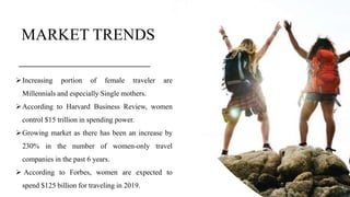 MARKET TRENDS
Increasing portion of female traveler are
Millennials and especially Single mothers.
According to Harvard Business Review, women
control $15 trillion in spending power.
Growing market as there has been an increase by
230% in the number of women-only travel
companies in the past 6 years.
 According to Forbes, women are expected to
spend $125 billion for traveling in 2019.
 