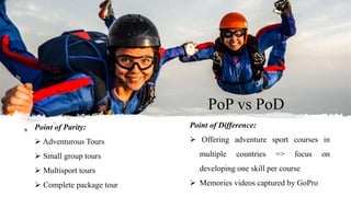 Point of Parity:
 Adventurous Tours
 Small group tours
 Multisport tours
 Complete package tour
Point of Difference:
 Offering adventure sport courses in
multiple countries => focus on
developing one skill per course
 Memories videos captured by GoPro
PoP vs PoD
 