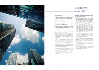Executive
                                                                                           Summary
                               Top line findings                                           Emerging markets continue to boom whilst
                                                                                           the west shows recovery...
                               •	 The	 top	 500	 most	 valuable	 brands	 in	 the	 world	
                                  have grown in value by 14% to US$3,306 billion           •	 Despite	 contributing	 only	 2%	 to	 the	 Global	
                                                                                              500, South America’s total brand value increased
                               •	 The	 Enterprise	 Value	 of	 the	 top	 500	 has	 grown	      significantly by 61% making it the fastest growing
                                  by 15% to US$21,624 billion                                 region for the second year running. This region is
                                                                                              dominated by Brazilian brands which account for
                               •	 Google	 has	 replaced	 Walmart	 as	 the	 most	              10 out of the 11 South American brands
                                  valuable brand in the world, increasing its brand
                                  value by 22% to US$44.3 billion                          •	 The	 European	 region	 has	 seen	 a	 slowdown	 in	
                                                                                              growth with the region increasing in brand value
                               •	 Itaú	 is	 the	 fastest	 growing	 brand	 in	 absolute	       by 8% and contributing 35% to the overall
                                  terms, increasing its brand value by 141% to                Global 500. Four European brands dropped out
                                  become the 41st most valuable brand in the                  of the Global 500. By contrast, the United
                                  world, rising from 116th place last year                    Kingdom is the best performing European country
                                                                                              with an increase in brand value of US$29 billion
                               Technology brands thrive whilst the Banking                    and providing three new entrants
                               sector continues its recovery...
                                                                                           •	 North	 American	 brands	 continue	 to	 rebound	
                               •	 The	 banking	 sector	 once	 again	 sees	 the	 largest	      growing in value by 14% and contributing 43%
                                  increase in brand value, growing by US$90 billion,          to the total Global 500. USA and Canada provided
                                  highlighting the continued resurgence of the                five and two additional brands respectively,
                                  sector following a near systemic failure three              including Facebook and Heinz
                                  years ago
                                                                                           •	 Asia	continues	to	perform	well	growing	in	brand	
                               •	 Itaú,	 Wells	 Fargo,	 Chase,	 Bradesco,	 Deutsche	          value by 27% and contributing 18% to the overall
                                  Bank, ICBC, Credit Suisse and China Construction            Global 500. Three new brands enter the Global
                                  Bank feature amongst the largest individual                 500 from Asia
                                  brands value increases with all experiencing
                                  a rise in brand value of at least US$5 billion           •	 The	 Pacific	 region	 has	 grown	 in	 brand	 value	
                                                                                              by 21% largely spurred on by a strong performance
                               •	 The	leading	Technology	brands,	Apple,	Microsoft	            of the banking industry
                                  and Google have seen brand value increases
                                  in excess of US$8 billion each                           •	 Africa	 has	 seen	 a	 30%	 fall	 in	 its	 brand	 value	
                                                                                              and now contributes a solitary brand to the
                               •	 The	 Beverage	 industry	 has	 seen	 its	 value	 fall	    	 Global	500,	South	Africa’s	MTN	
                                  by 27%. This is underpinned by the performance
                                  of Coke whose brand value has fallen by
                                  US$ 9 billion. This is a reflection of the erosion
                                  of global demand for Coke as sweet,
                                  cola carbonates no longer command consumers
                                  worldwide




3   © Brand Finance plc 2011   © Brand Finance plc 2011                                                                                                 4
 