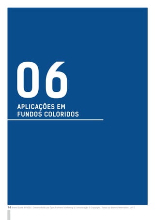 14 Brand Guide AVXTEC - Desenvolvido por Cyan Partners Marketing & Comunicação © Copyright . Todos os direitos reservados . 2017
APLICAÇÕES EM
FUNDOS COLORIDOS
06
 