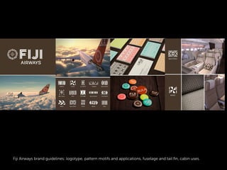 Fiji Airways brand guidelines: logotype, pattern motifs and applications, fuselage and tail ﬁn, cabin uses.
 