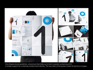 One Degree brand guidelines: a brochure that folds out to form a poster containing a CD.
A simple support for a relatively simple brand identity. The two sides of the poster create 32 sections or pages.
 
