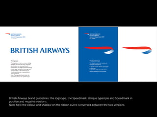 British Airways brand guidelines: the logotype, the Speedmark. Unique typestyle and Speedmark in
positive and negative versions.
Note how the colour and shadow on the ribbon curve is reversed between the two versions.
 