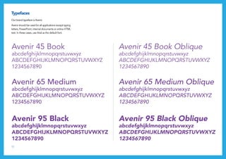 11
Typefaces
Our brand typeface is Avenir.
Avenir should be used for all applications except typing
letters, PowerPoint, internal documents or online HTML
text. In these cases, use Arial as the default font.
Avenir 45 Book
abcdefghijklmnopqrstuvwxyz
abcdefghijklmnopqrstuvwxyz
1234567890
Avenir 65 Medium
abcdefghijklmnopqrstuvwxyz
abcdefghijklmnopqrstuvwxyz
1234567890
Avenir 95 Black
abcdefghijklmnopqrstuvwxyz
abcdefghijklmnopqrstuvwxyz
1234567890
Avenir 45 Book Oblique
abcdefghijklmnopqrstuvwxyz
abcdefghijklmnopqrstuvwxyz
1234567890
Avenir 65 Medium Oblique
abcdefghijklmnopqrstuvwxyz
abcdefghijklmnopqrstuvwxyz
1234567890
Avenir 95 Black Oblique
abcdefghijklmnopqrstuvwxyz
abcdefghijklmnopqrstuvwxyz
1234567890
 
