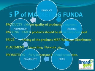 PRODUCT

  5 P of MARKETING FUNDA
PRODUCTS : Means quality of products or segment
     PROMOTION                               PACKING
PACKING : FMCG products should be attractively designed

PRICE    : Pricing of the products MRP/Retailers/Distributors

PLACEMENT : Launching ,Network ,etc

PROMOTION : Very important is Brand promotion.
            PLACEMENT                PRICE
 