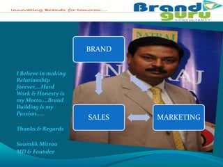 BRAND


I Believe in making
Relationship
forever....Hard
Work & Honesty is
my Motto....Brand
Building is my
Passion.....
                      SALES   MARKETING
Thanks & Regards

Soumiik Mitraa
MD & Founder
 