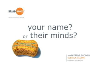 identity driven brand building ®




                              your name?
                            or their minds?



                                        marketing shower
                                        Vlerick alumni
                                        erik saelens, June 9th 2010
 