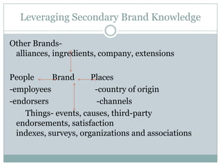 Leveraging Secondary Brand Knowledge

Other Brands-
 alliances, ingredients, company, extensions

People      Brand      Places
-employees              -country of origin
-endorsers              -channels
    Things- events, causes, third-party
  endorsements, satisfaction
  indexes, surveys, organizations and associations
 