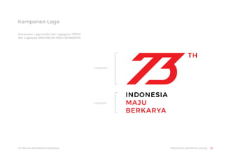 Komponen Logo
Komponen Logo terdiri dari Logogram (73TH)
dan Logotype (INDONESIA MAJU BERKARYA)
PEDOMAN IDENTITAS VISUAL
73 TAHUN INDONESIA MERDEKA 01
Logogram
Logotype
 