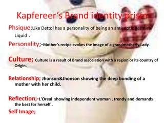 (friends advisor)Brand Identity of Pond’sCountry of origin-USACorporate association HUL.Brand Users-feminine (as per gender)Emotional Benefits-  skincare, freshness, fragrance etc.Self expression- Self confident woman.Symbols-Flowers Pink,Lavender etc.