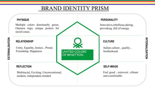 BRAND IDENTITY PRISMEXTERNALISATION
INTERNALISATION
PHYSIQUE
Multiple colors dominantly green,
Oneness logo, unique posters for
social cause.
RELATIONSHIP
Unity, Equality, Justice , Proud,
Friendship, Happiness
REFLECTION
Multiracial, Exciting, Unconventional,
modern, independent minded
PERSONALITY
Innovative,rebellious,daring,
provoking ,full of energy
CULTURE
Italian culture , quality ,
brotherhood.
SELF-IMAGE
Feel good , extrovert ,vibrant
and comfortable
 