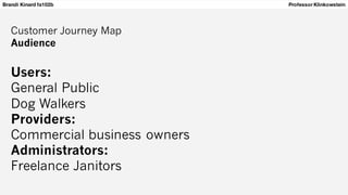 Brandi Kinard fa102b Professor Klinkowstein
Customer Journey Map
Audience
Users:
General Public
Dog Walkers
Providers:
Commercial business owners
Administrators:
Freelance Janitors
 