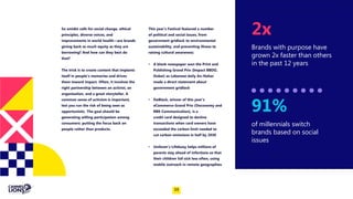 So amidst calls for social change, ethical
principles, diverse voices, and
improvements in world health—are brands
giving back as much equity as they are
borrowing? And how can they best do
that?
The trick is to create content that implants
itself in people’s memories and drives
them toward impact. Often, it involves the
right partnership between an activist, an
organisation, and a great storyteller. A
common sense of activism is important,
lest you run the risk of being seen as
opportunistic. The goal should be
generating willing participation among
consumers: putting the focus back on
people rather than products.
Brands with purpose have
grown 2x faster than others
in the past 12 years
2x
of millennials switch
brands based on social
issues
91%
This year’s Festival featured a number
of political and social issues, from
government gridlock to environmental
sustainability, and preventing illness to
raising cultural awareness:
• A blank newspaper won the Print and
Publishing Grand Prix (Impact BBDO,
Dubai) as Lebanese daily An-Nahar
made a direct statement about
government gridlock
• DoBlack, winner of this year’s
eCommerce Grand Prix (Doconomy and
RBK Communication), is a
credit card designed to decline
transactions when card owners have
exceeded the carbon limit needed to
cut carbon emissions in half by 2030
• Unilever’s Lifebuoy helps millions of
parents stay ahead of infections so that
their children fall sick less often, using
mobile outreach in remote geographies
13
 