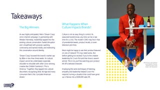 Takeaways
The Big Winners
As was highly anticipated, Nike’s ‘Dream Crazy’
omni-channel campaign, in partnership with
Wieden+Kennedy, masterfully tapped into the
existing cultural conversation, fueled disruption
and empathised with purpose, sparking
controversy and earned media, and redirecting
the conversation around identity.
‘Dream Crazy’ boosted the brand’s market cap
by $6bn in less than three weeks. Its cultural
impact cannot be understated, especially
shoulder-to-shoulder with other Lions-winning
creative like Childish Gambino’s ‘This Is
America.’ Together, they tapped into cultural
discontent, recognising what Ad Age and many
consumers feel is the ‘corroded American
dream.’
Culture is not an easy thing to control. As
seasoned brands know, any time can be a ripe
time for a crisis. The modern CMO may live in fear
of presidential tweets, product recalls, or even
television plot lines.
Most might be happy to see their product featured
on one of network TV’s top-rated series. But
before getting too excited, if you’re the creative
leadership for Crock-Pot and that show is award-
winner This Is Us, you’ll be watching your product
kill off a beloved character.
Employing the same techniques of listening,
empathy and leadership helped Crock-Pot
respond, turning a situation that could have gone
up in flames into a $300,000 sales lift.
What Happens When
Culture Impacts Brands?
NBA All-Star and Olympic
Gold Medalist Dwyane
Wade discusses social
impact with Budweiser
17
 