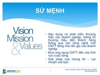  Xây dựng và phát triển thương
hiệu các doanh nghiệp, thông tin
thương hiệu đến khách hàng
thông qua các công nghệ mới
CNTT đúng như tên gọi của doanh
nghiệp
 Đưa ứng dụng CNTT đến mọi lĩnh
vực cuộc sống.
 Giải pháp của chúng tôi – Lợi
nhuận của bạn.
Công ty Cổ phần Thông tin Thương hiệu, BrandInfo.
http://BrandInfo.biz
4
SỨ MỆNH
 